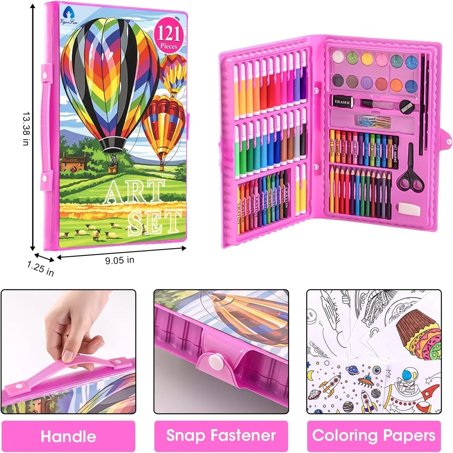 Art Kit, Vigorfun 121 Piece Drawing Painting Art Supplies for Kids Girls Boys Teens, Gifts Art Set Case Includes Oil Pastels, Crayons, Colored Pencils, Watercolor Cakes (Pink)