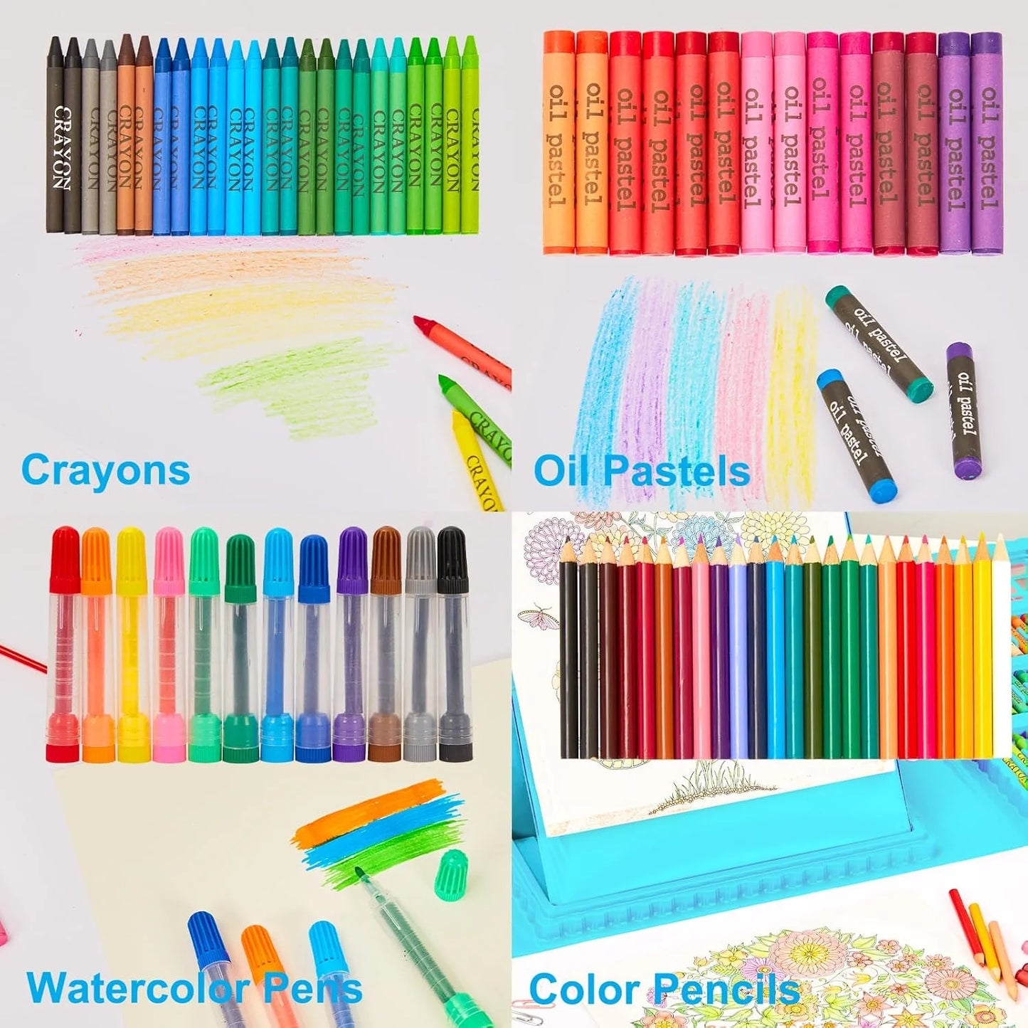 208 Piece Drawing Painting Art Set,Bexikou Drawing Art Kit for Girls Boys Teens,Artist Beginners Craft Set with Trifold Easel, Sketch Pad, Coloring Book, Pastels, Crayons, Pencils (Blue)