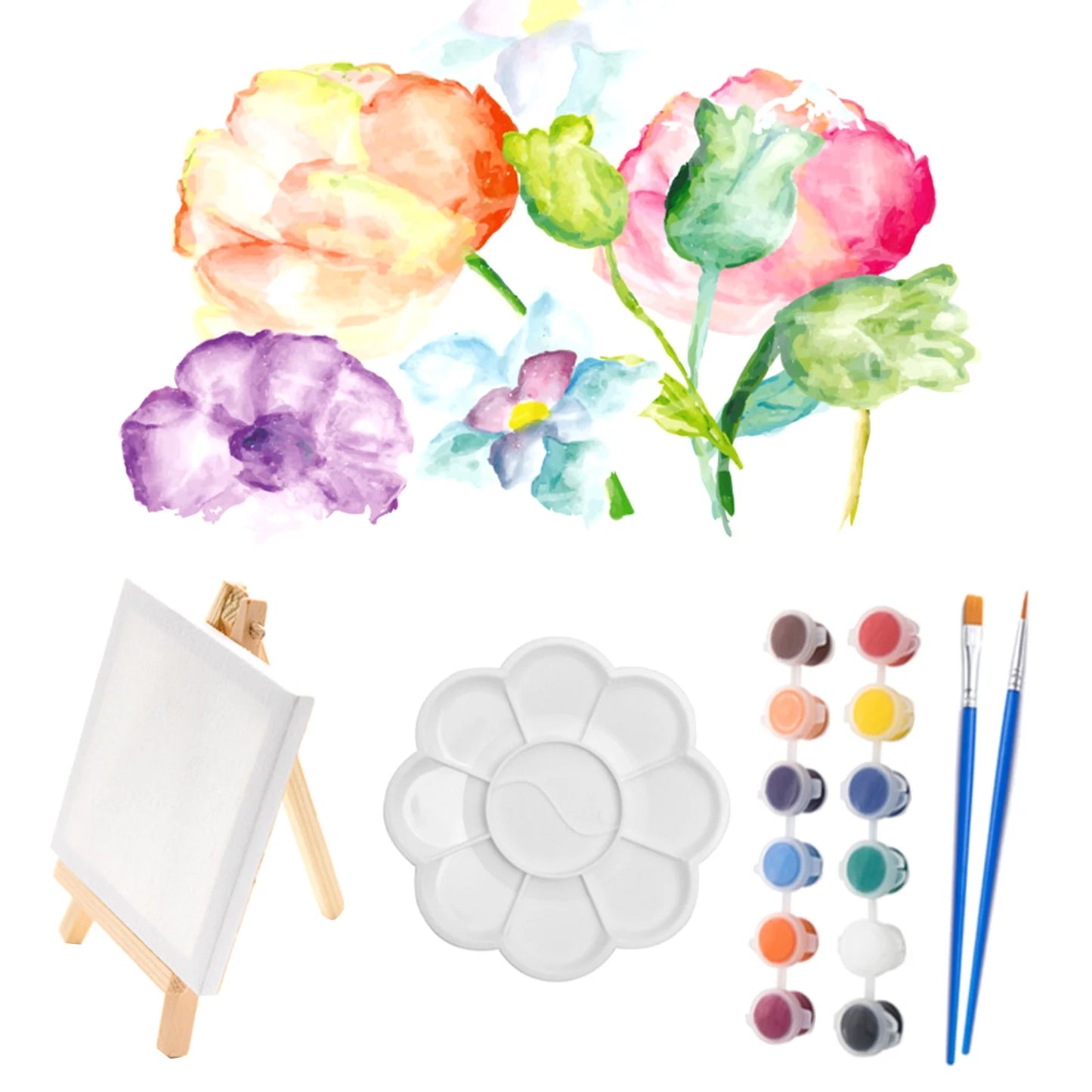 Mini Wood Easel and Painting Canvas Set Acrylic Drawing Paint Kit 12 Colors Acrylic Paint for Kids Birthday Party