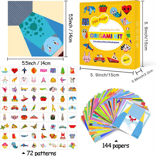 Origami Kit 144 Sheets, Origami Paper Kit for Kids 72 Patterns with Craft Guiding Book, Vivid Colorful Folding Papers ,Easy DIY Art and Craft Projects