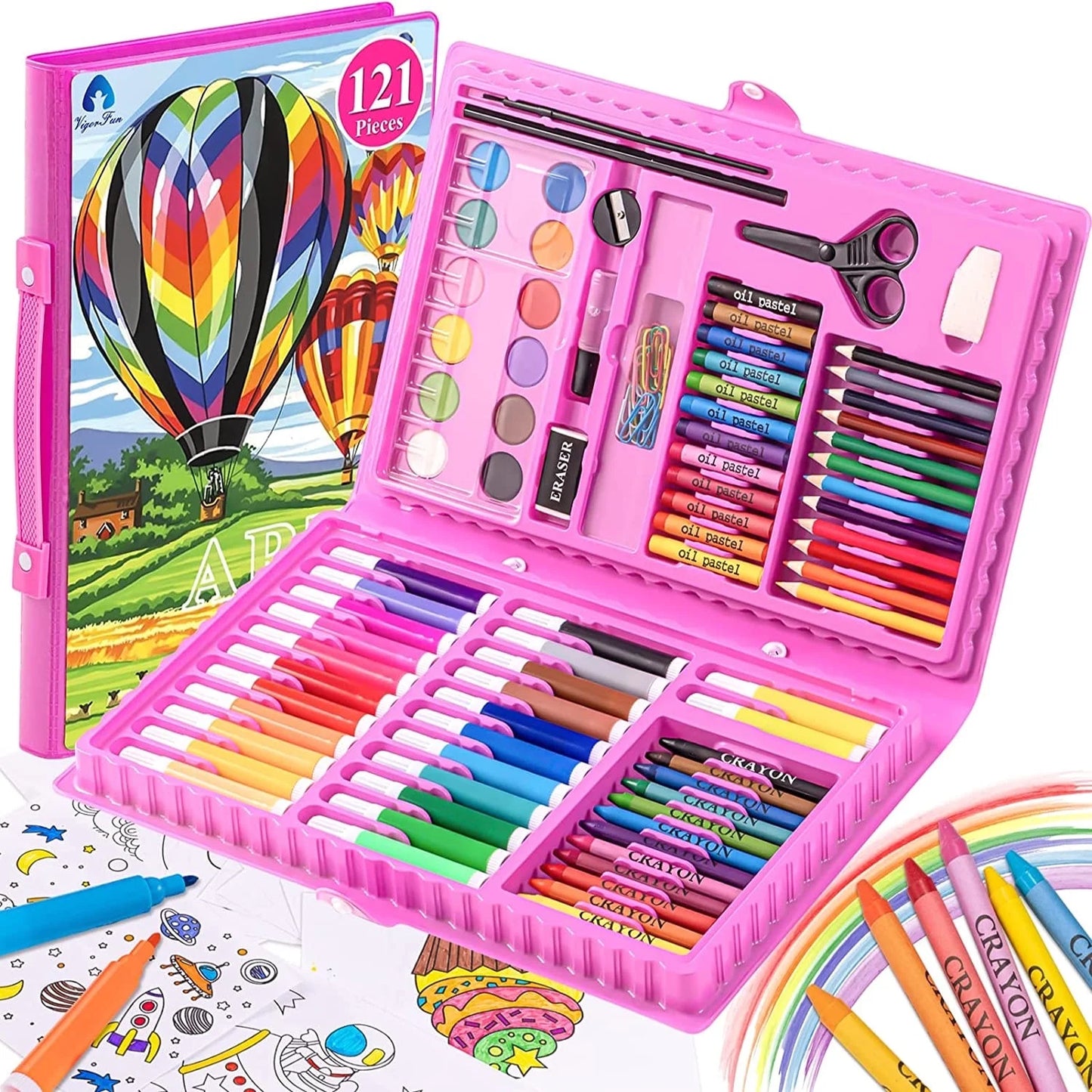 Art Kit, Vigorfun 121 Piece Drawing Painting Art Supplies for Kids Girls Boys Teens, Gifts Art Set Case Includes Oil Pastels, Crayons, Colored Pencils, Watercolor Cakes (Pink)