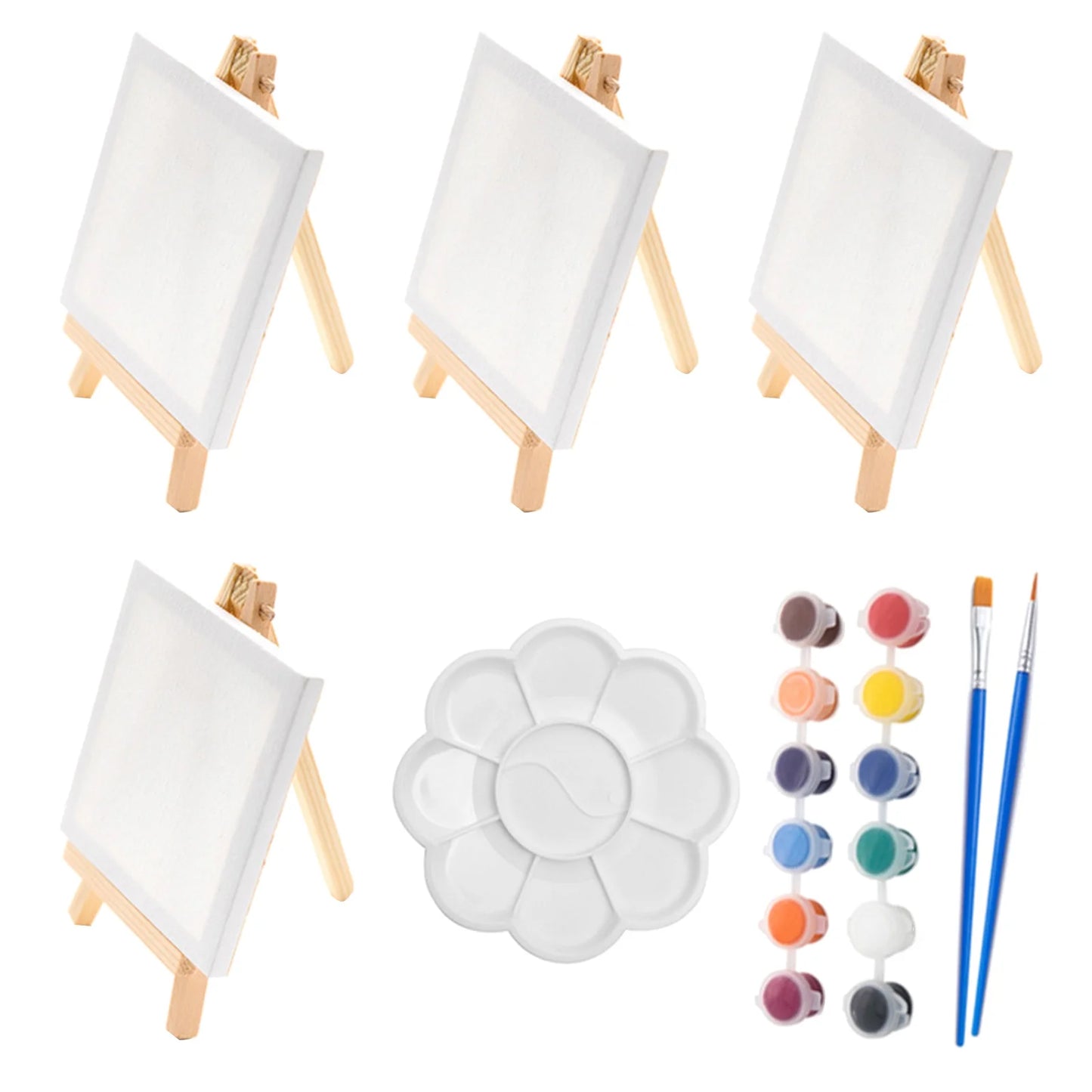 Mini Wood Easel and Painting Canvas Set Acrylic Drawing Paint Kit 12 Colors Acrylic Paint for Kids Birthday Party